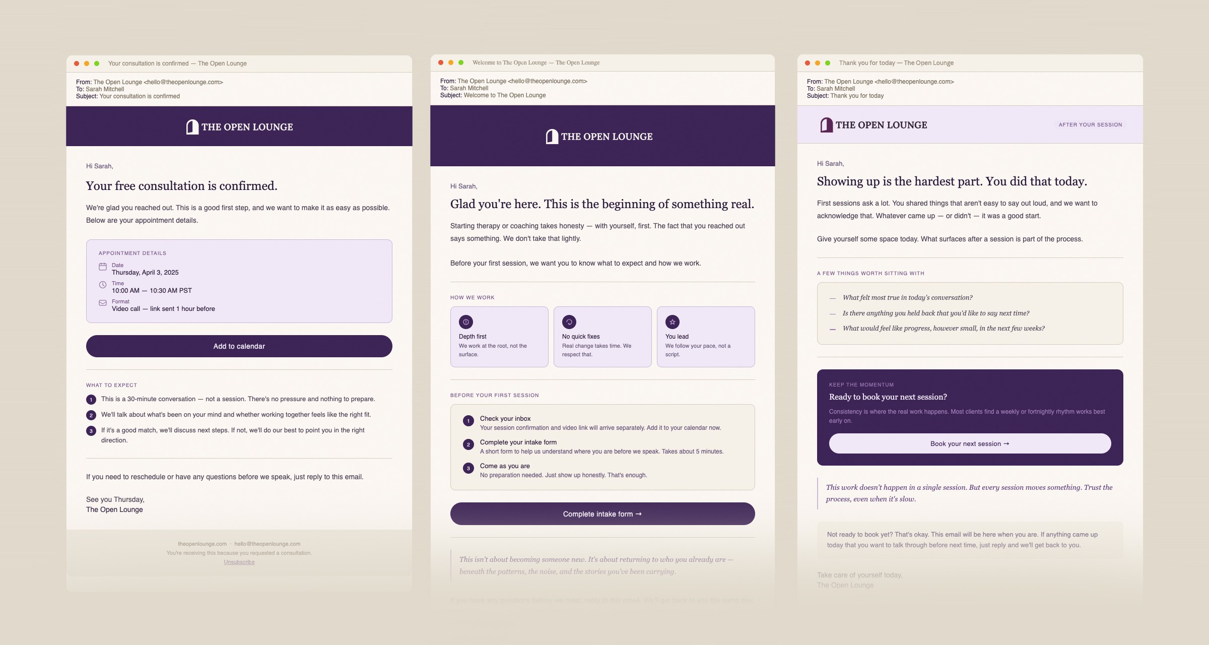 Custom branded email design and templates for The Open Lounge psychotherapy and coaching practice by Studio Odyssey Los Angeles