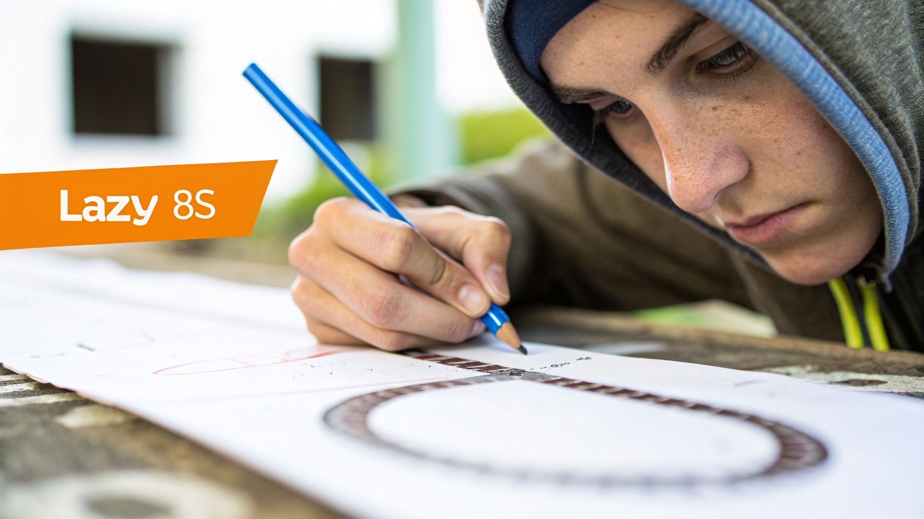 A person in a hoodie intently drawing 