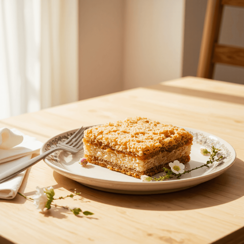 product photography of a piece of crumbly dessert on a decorative plate