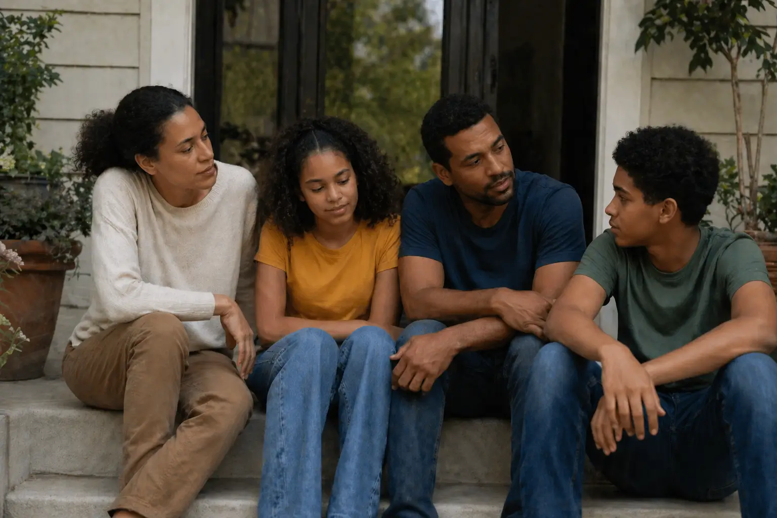 A Black family of four sits on porch steps, engaging in conversation.