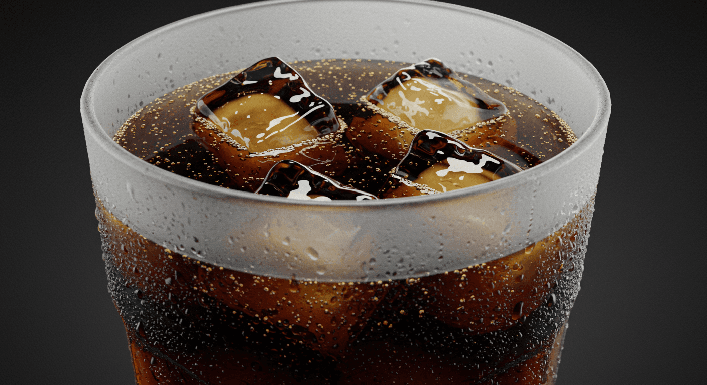 A large soft drink with ice in a glass