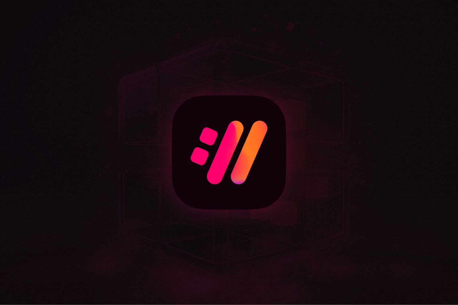 An app icon with the WebMO logo sitting in a dark icon area on top of a dark background. The app icon is glowing subtly, creating a modern and sleek feel. 