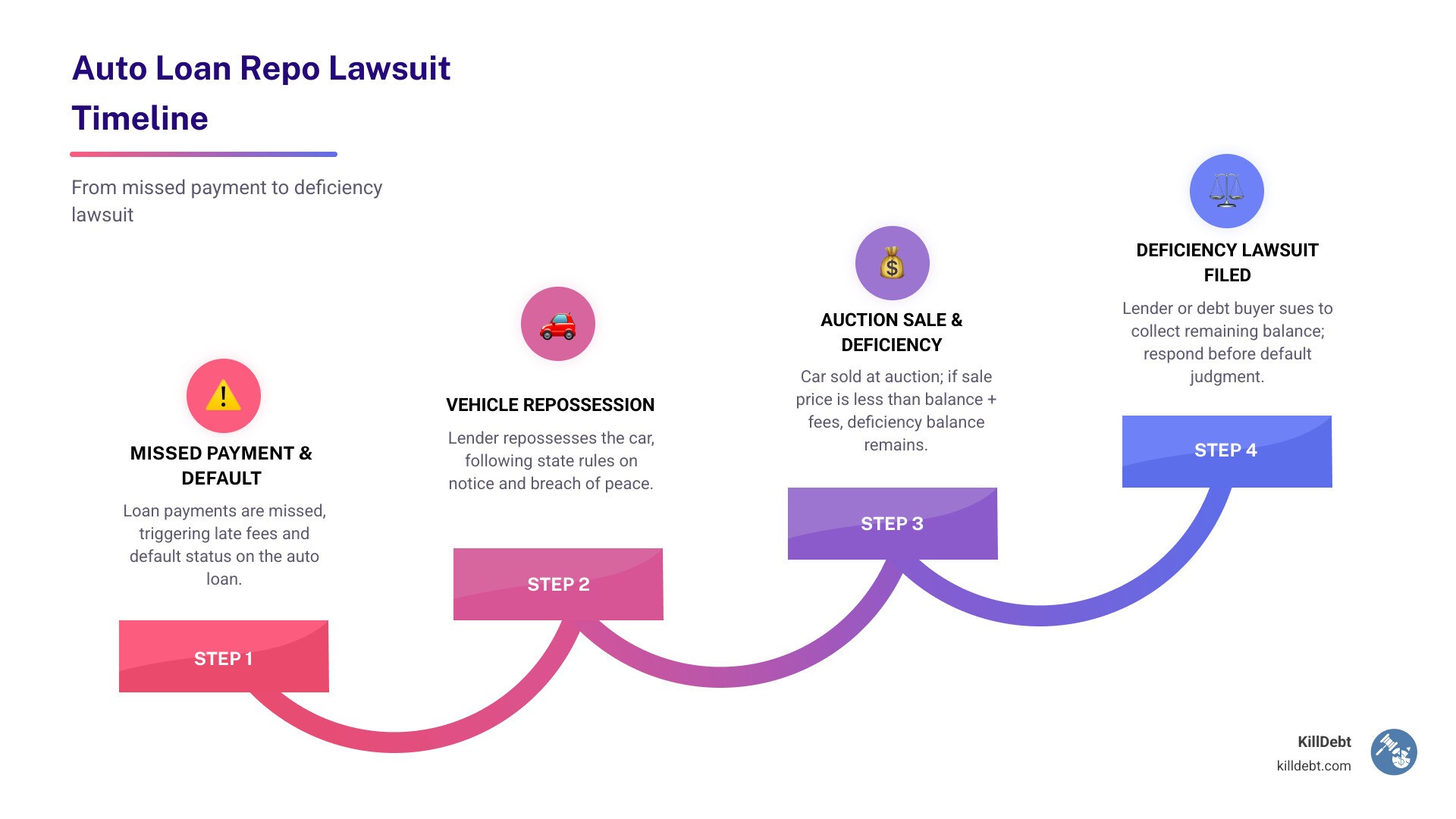 Timeline from missed auto loan payment to deficiency lawsuit with key legal steps infographic
