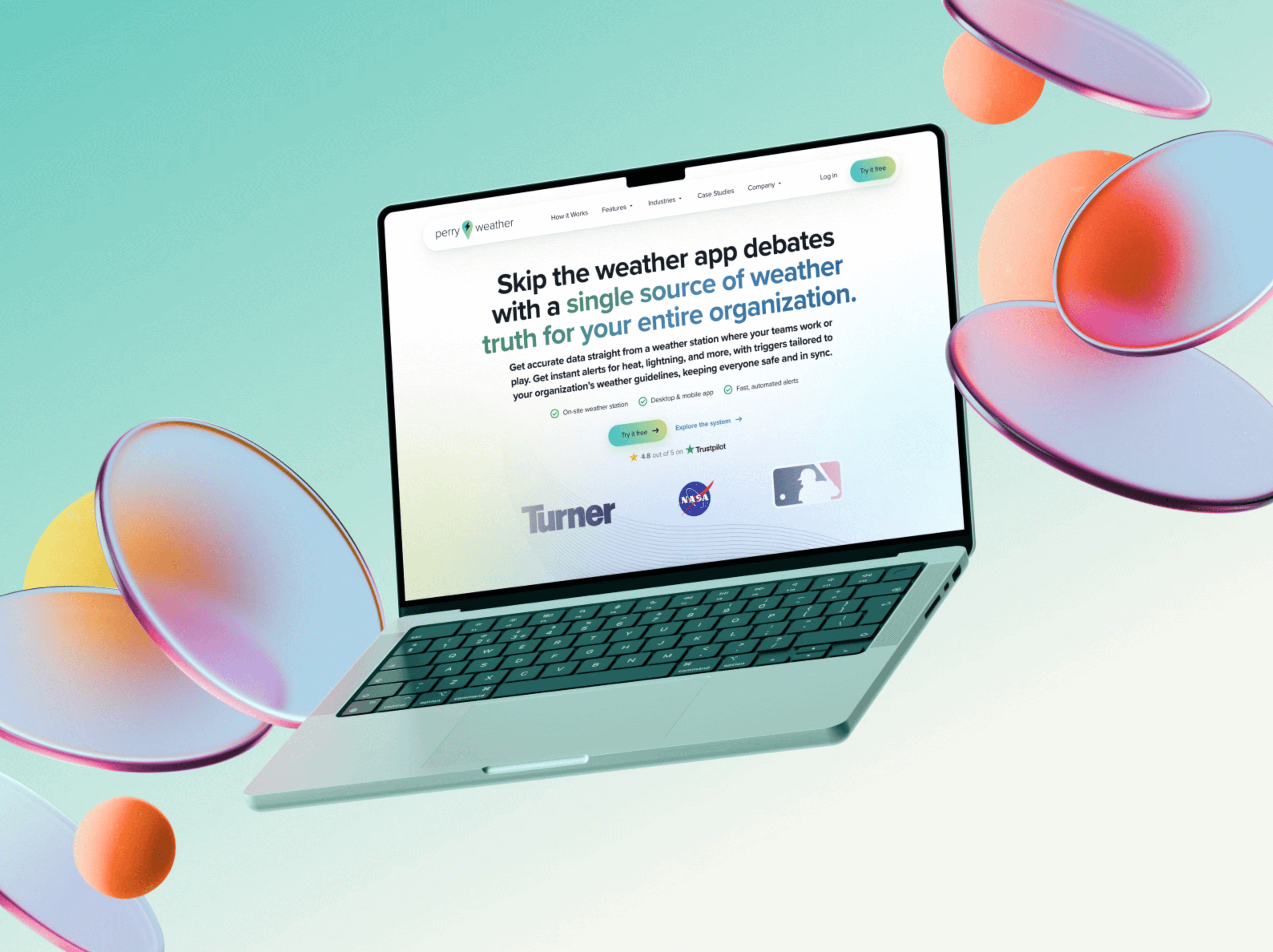 Laptop displaying a weather app website on a soft green gradient background, surrounded by colorful floating abstract shapes.