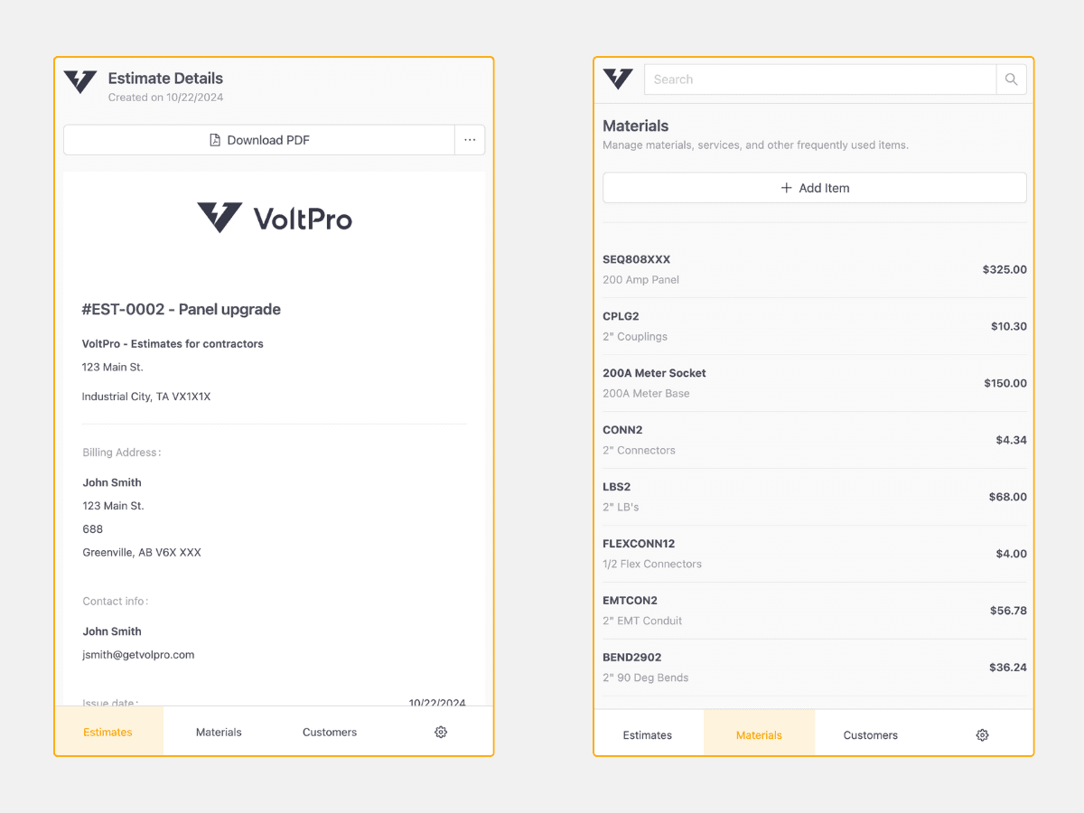VoltPro now supports mobile for estimates, materials, and customers.