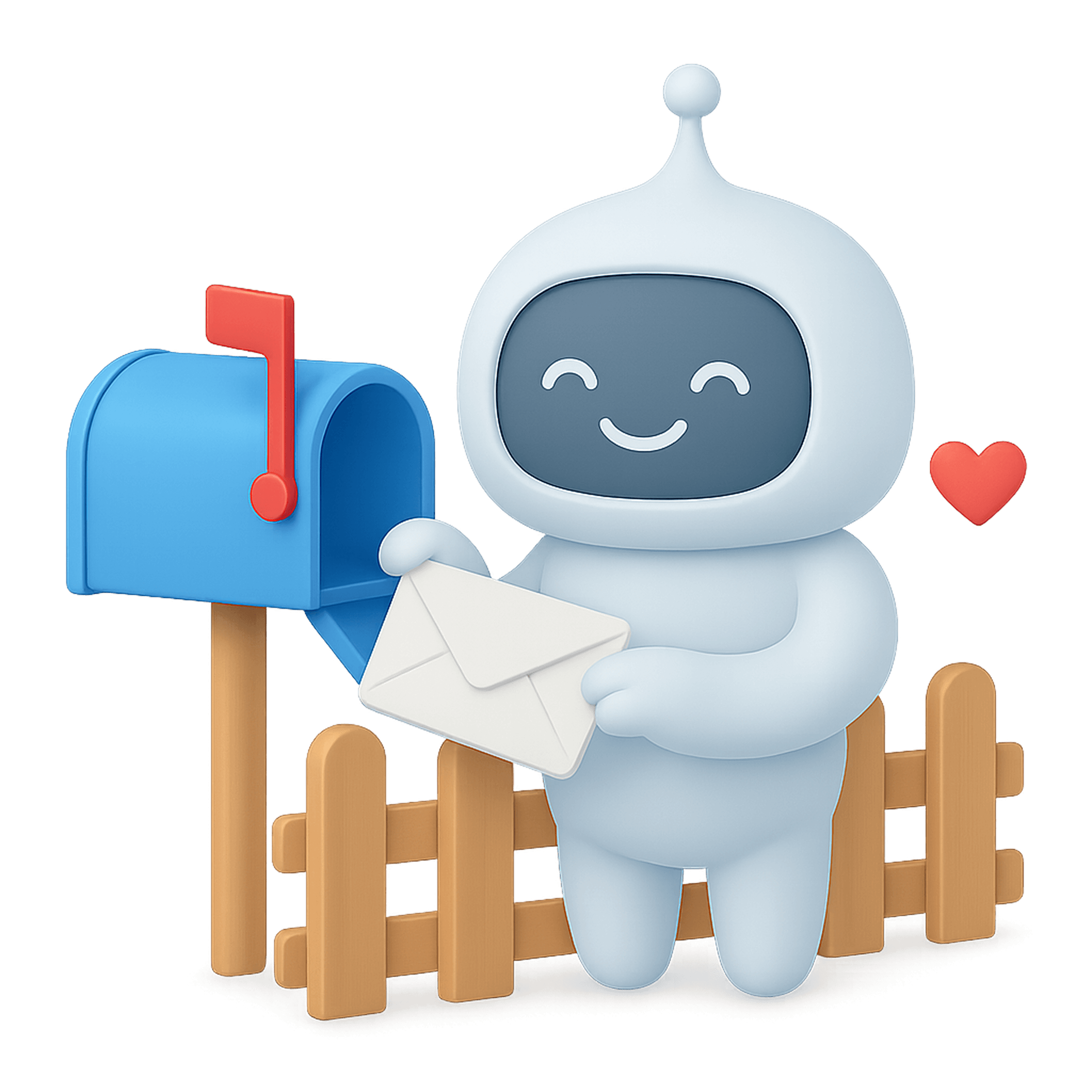 Jamworks robot holding a letter next to a mailbox, symbolizing sending a message.