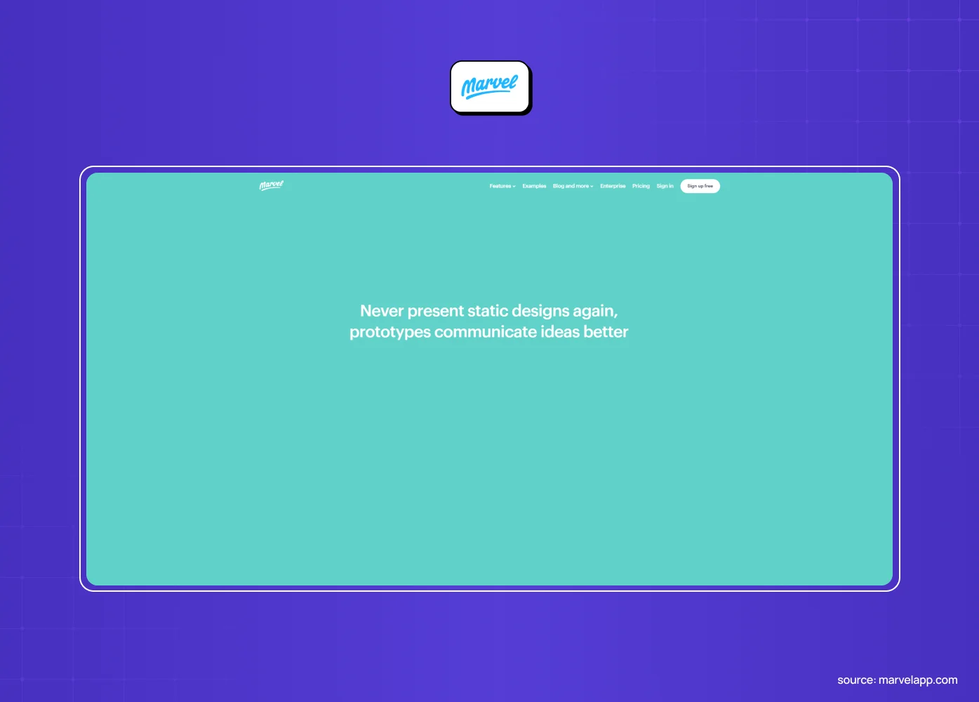 Marvel homepage screenshot with the never present static designs again, prototypes communicate ideas better headline on a teal background.