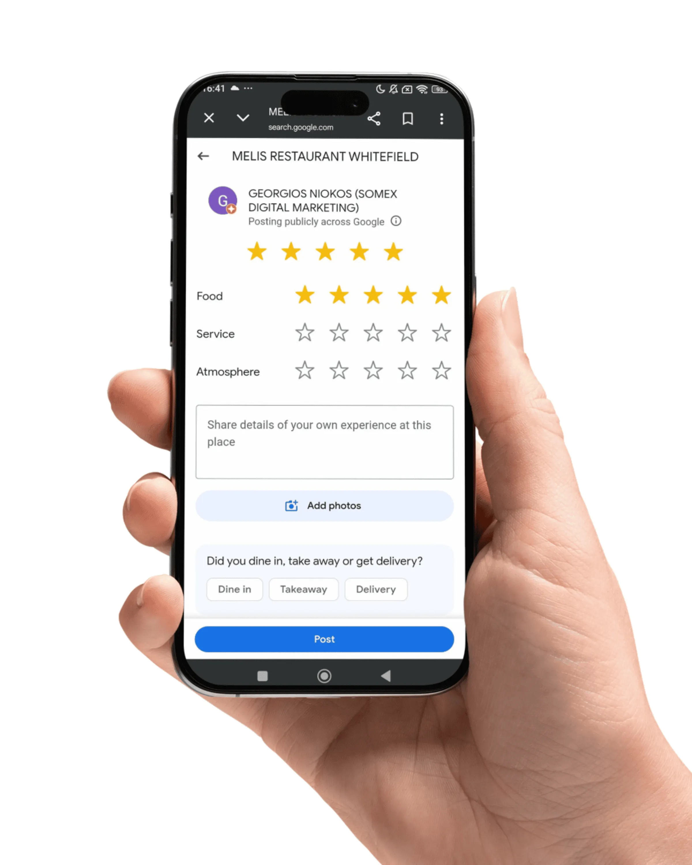 Smartphone showing Google review screen where a customer can rate and leave feedback for a restaurant