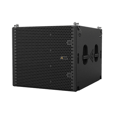 Black speaker cabinet with perforated front grill.