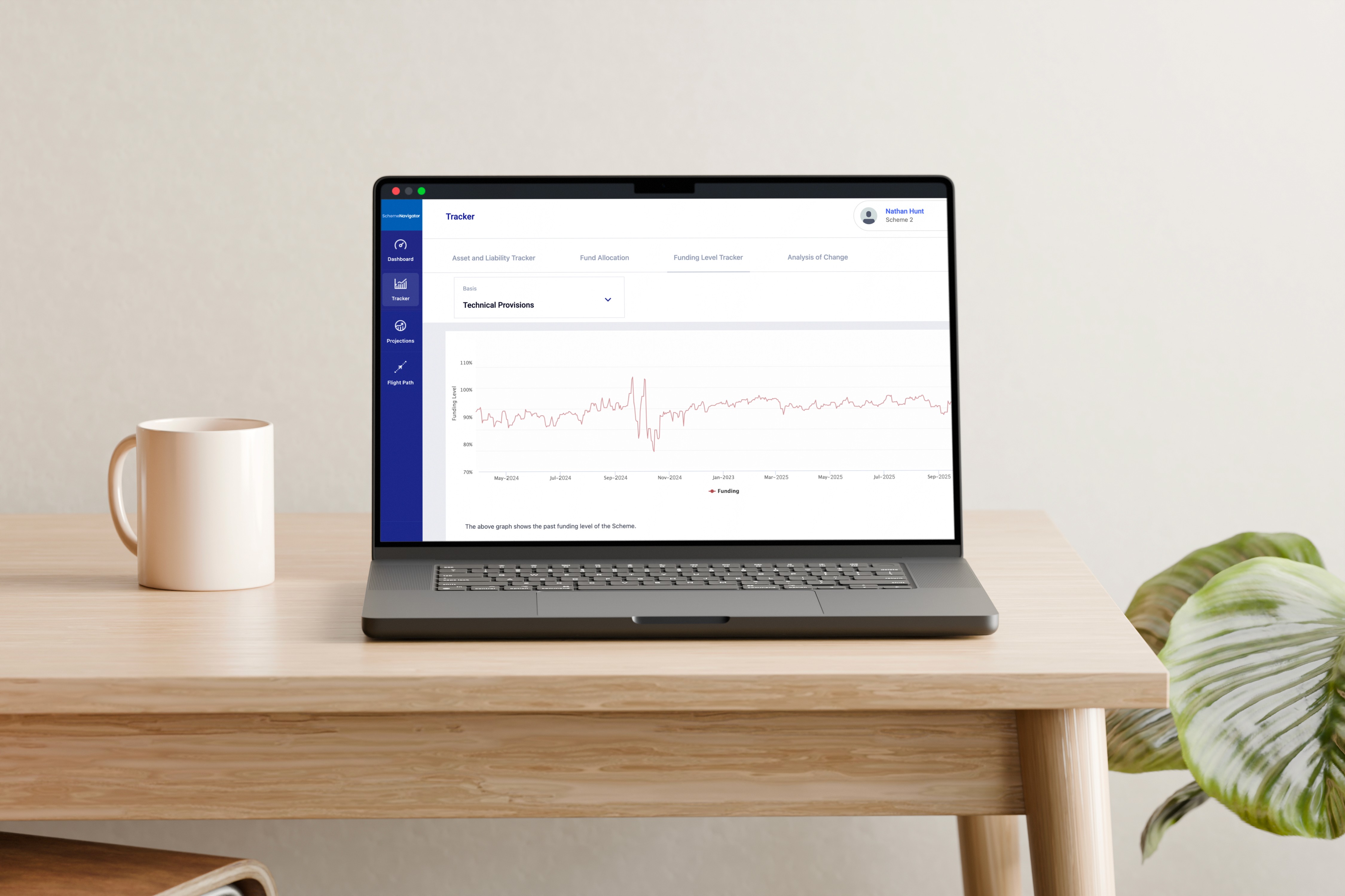 Laptop showing the SchemeNavigator pension funding modeller with scheme tracking and analytics.