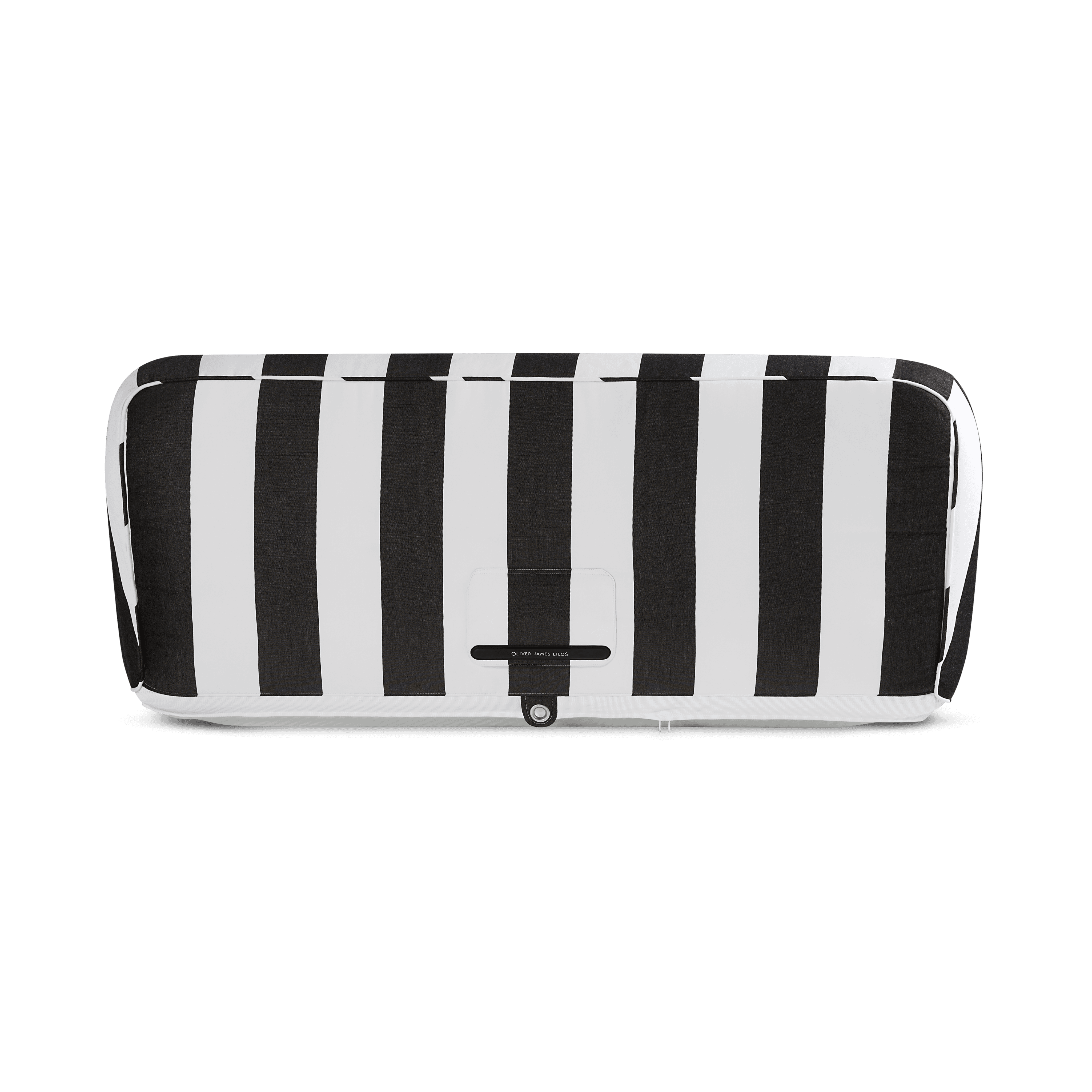 Double pool float showing black-and-white striped symmetry, quilted panels, and matte white base