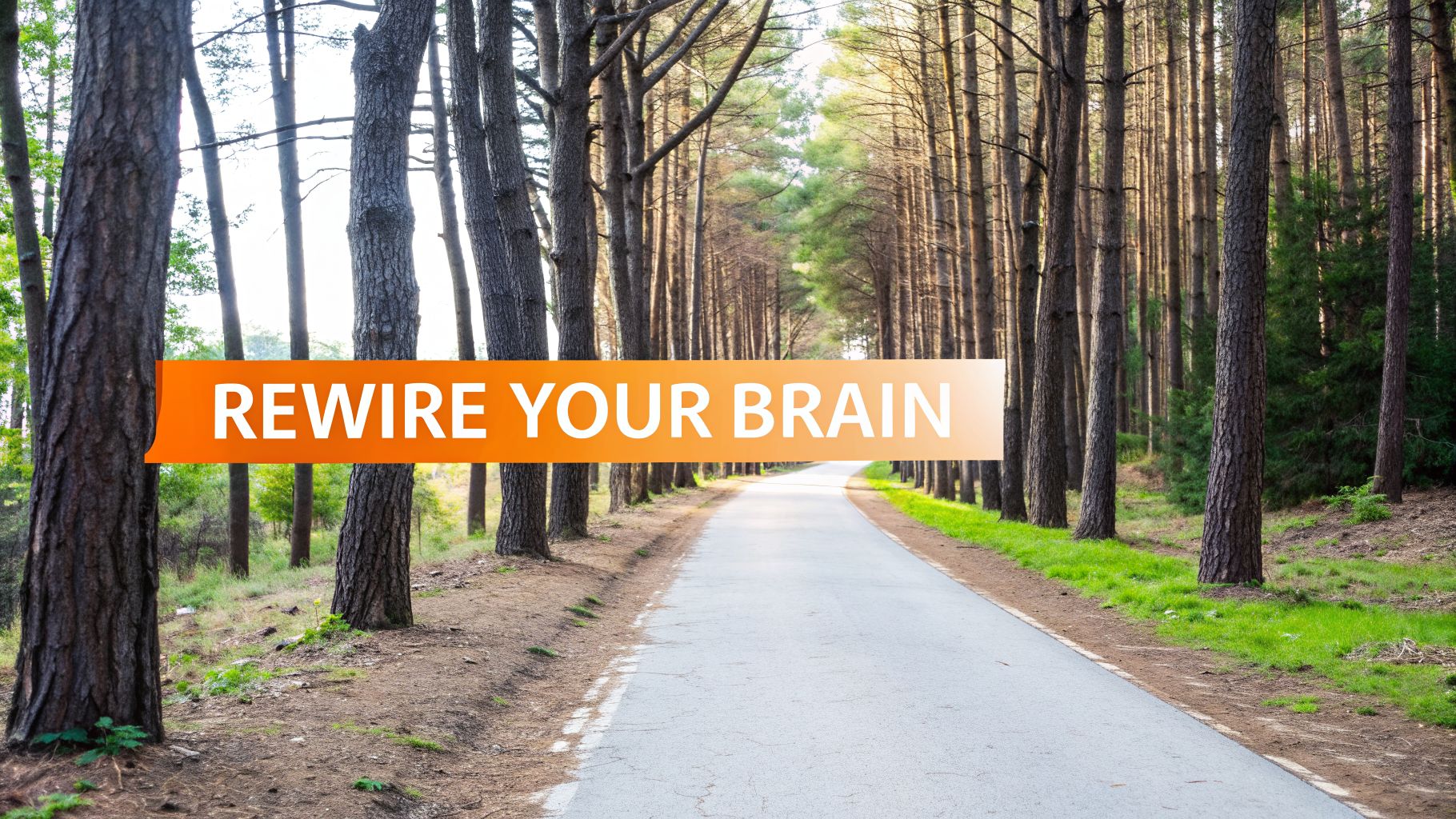 A forest path surrounded by tall trees, with a prominent orange banner reading 'REWIRE YOUR BRAIN'.