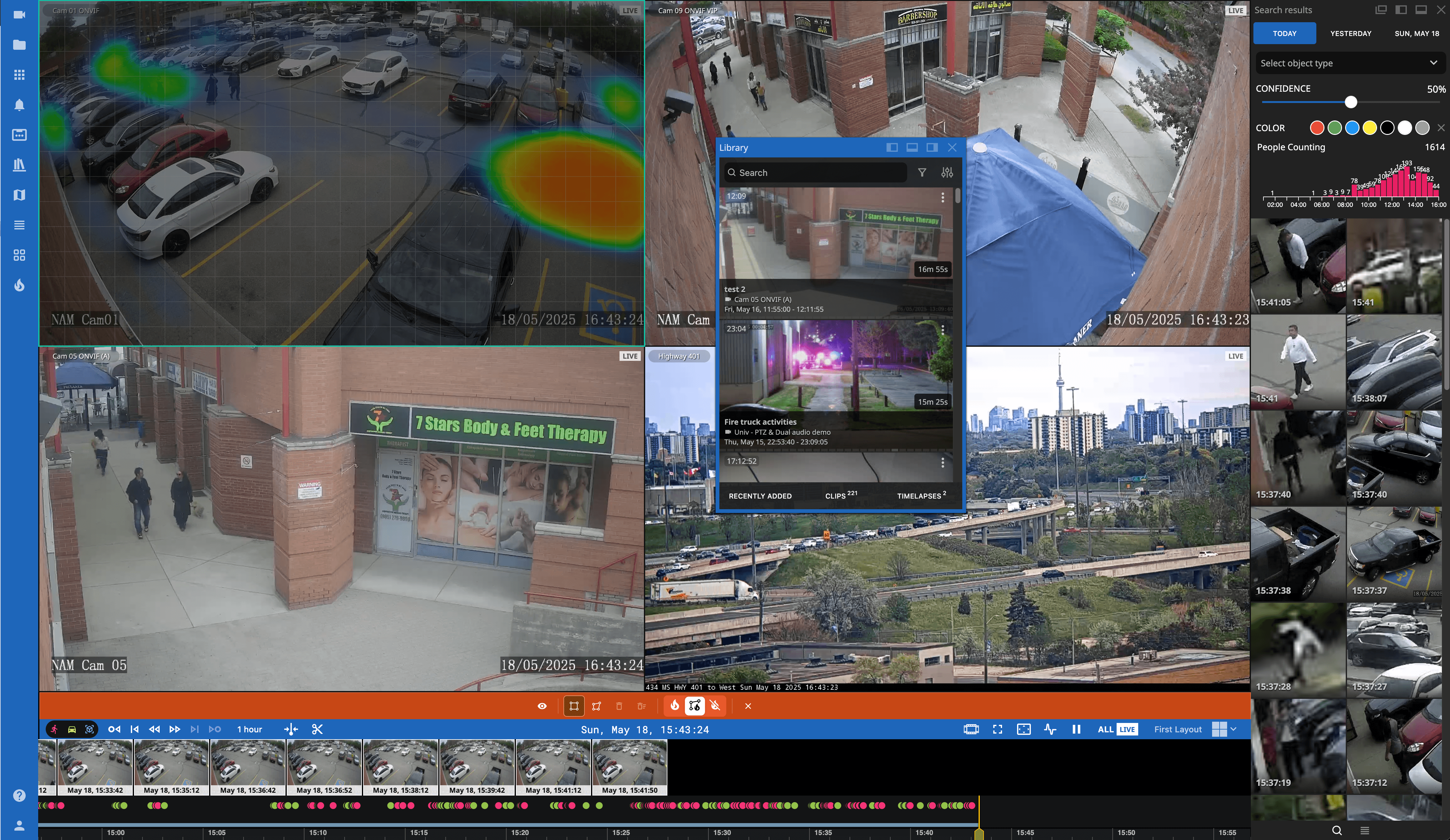 Multi-camera security system interface showing live surveillance feeds, facial recognition alerts, and recorded event playback from various indoor and outdoor locations.