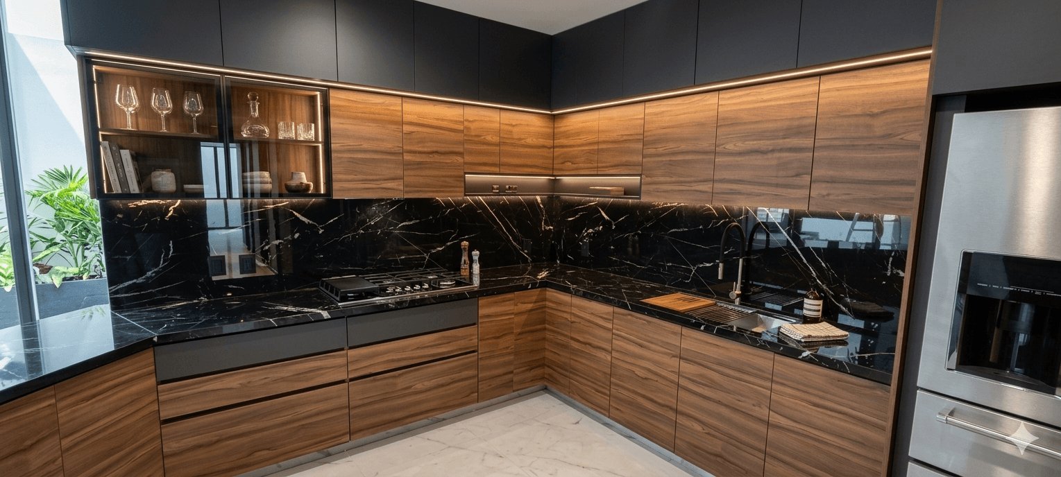 Modern indoor space with large glass doors, lush greenery, and a cozy seating area visible beyond.