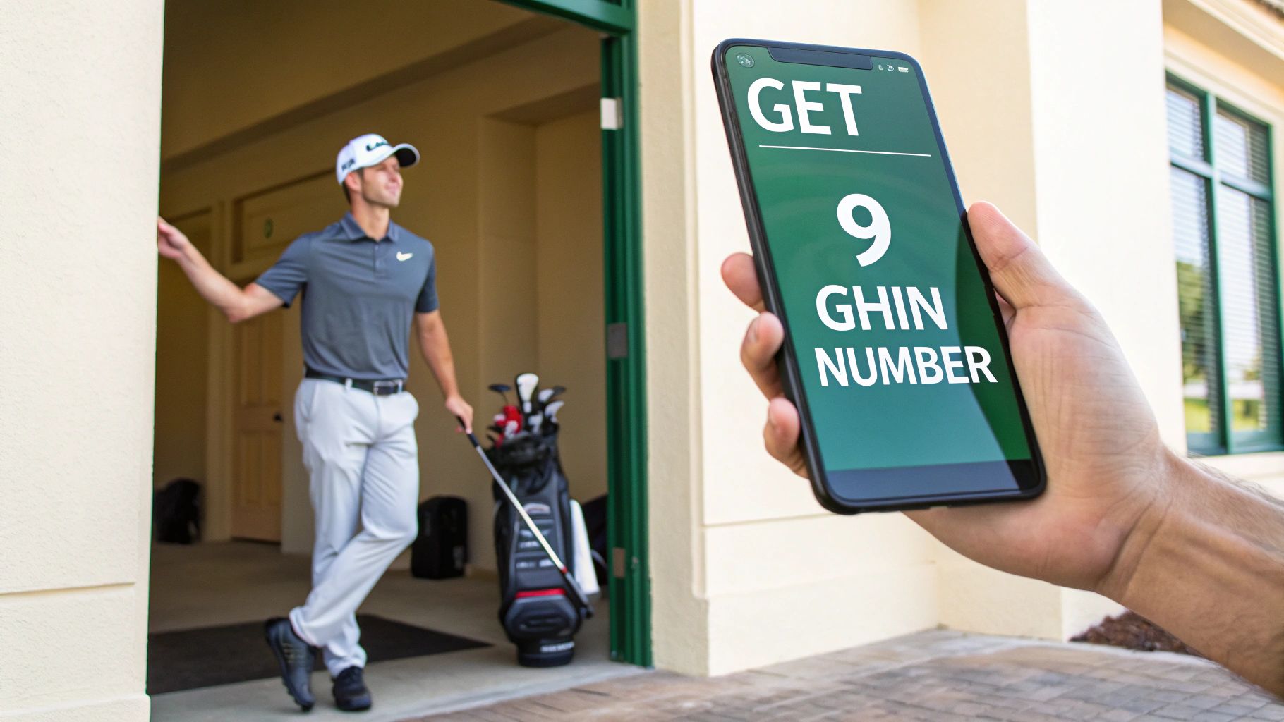 A golfer with a club by a building entrance, and a hand holds a smartphone showing a GHIN app.