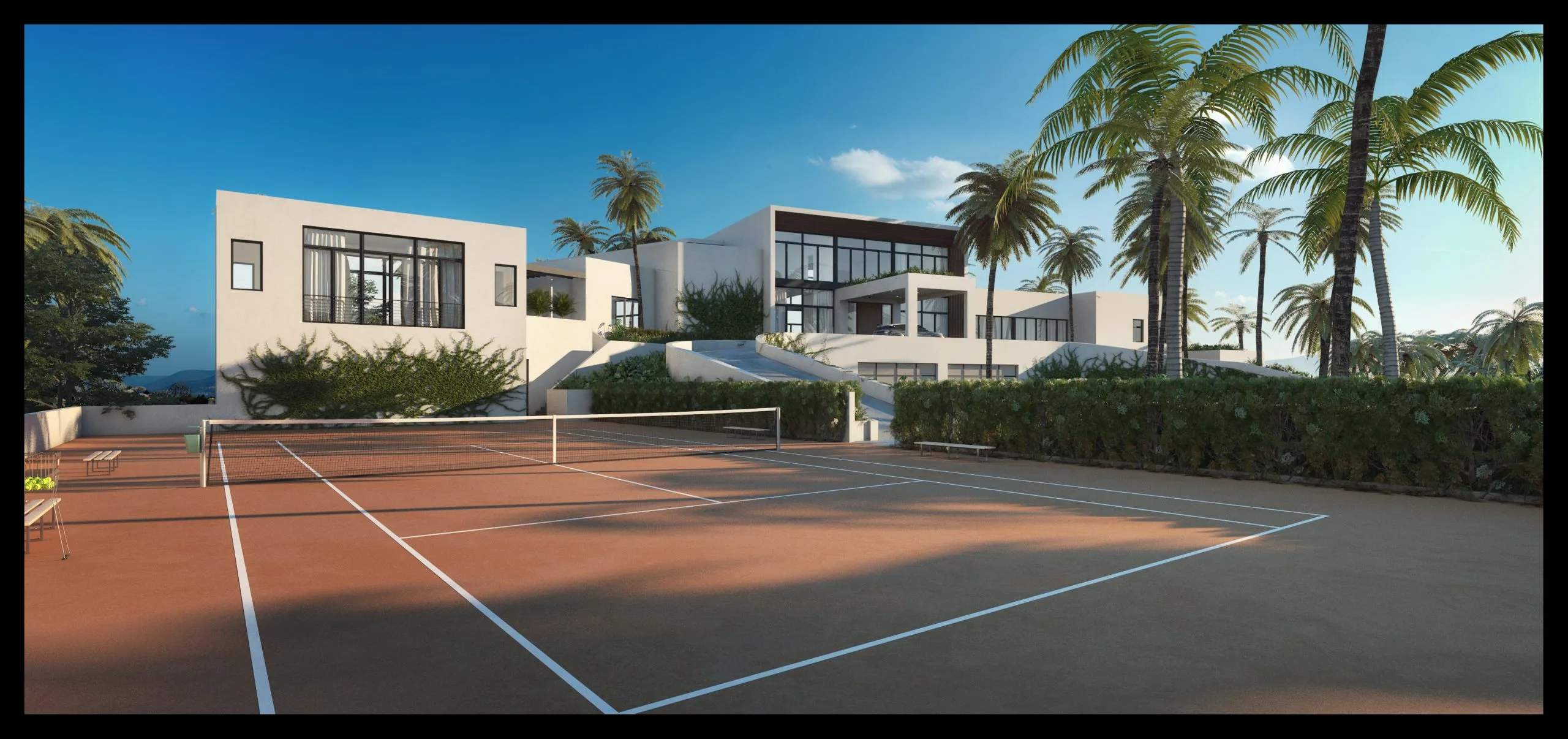 Luxury hillside estate with private clay tennis court and modern pavilions, The Hill residence St. Lucia