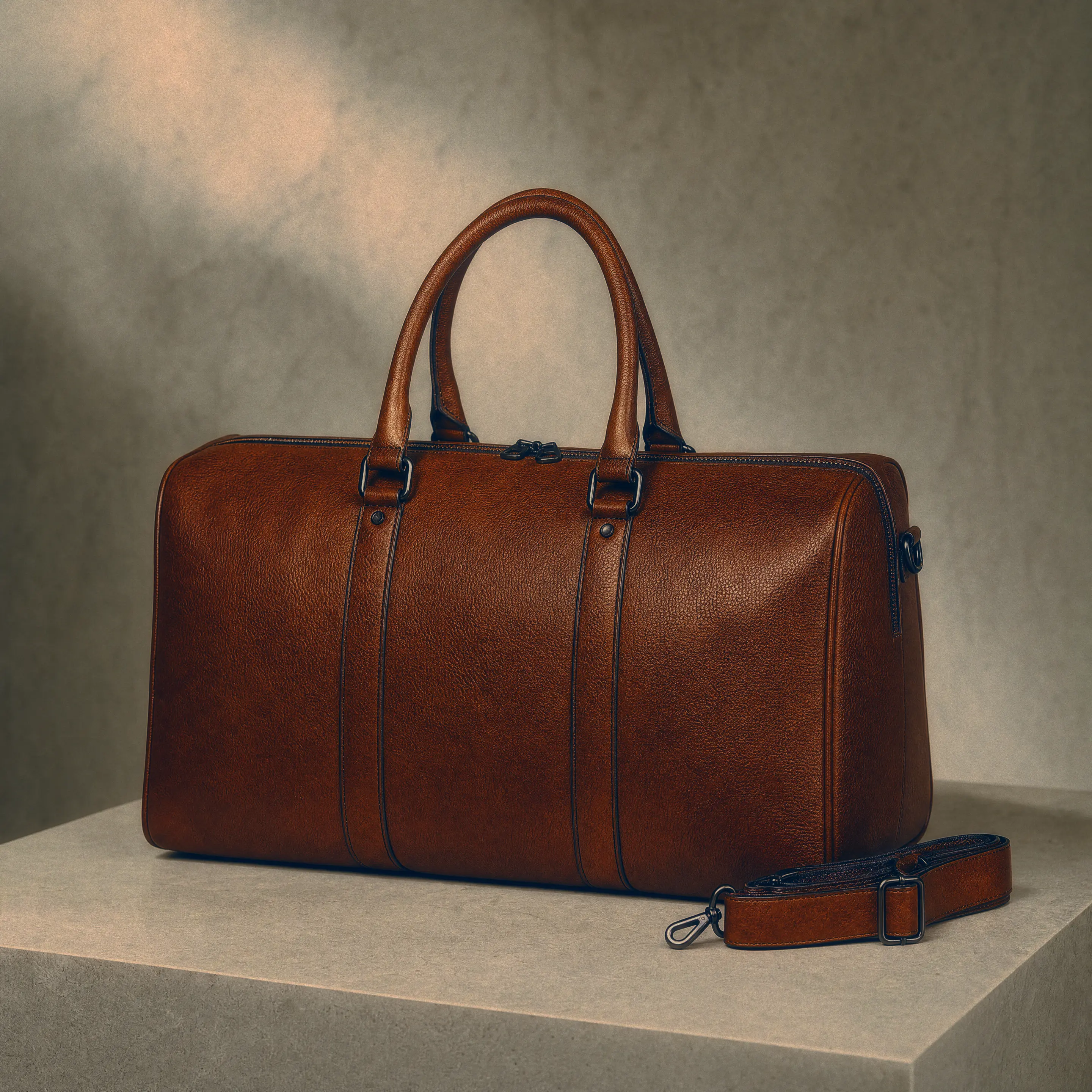 Premium brown leather duffel bag with a detachable shoulder strap on a studio pedestal.
