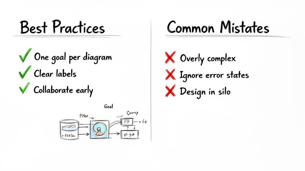 A diagram contrasting best practices and common mistakes for user flow diagrams, promoting clarity.