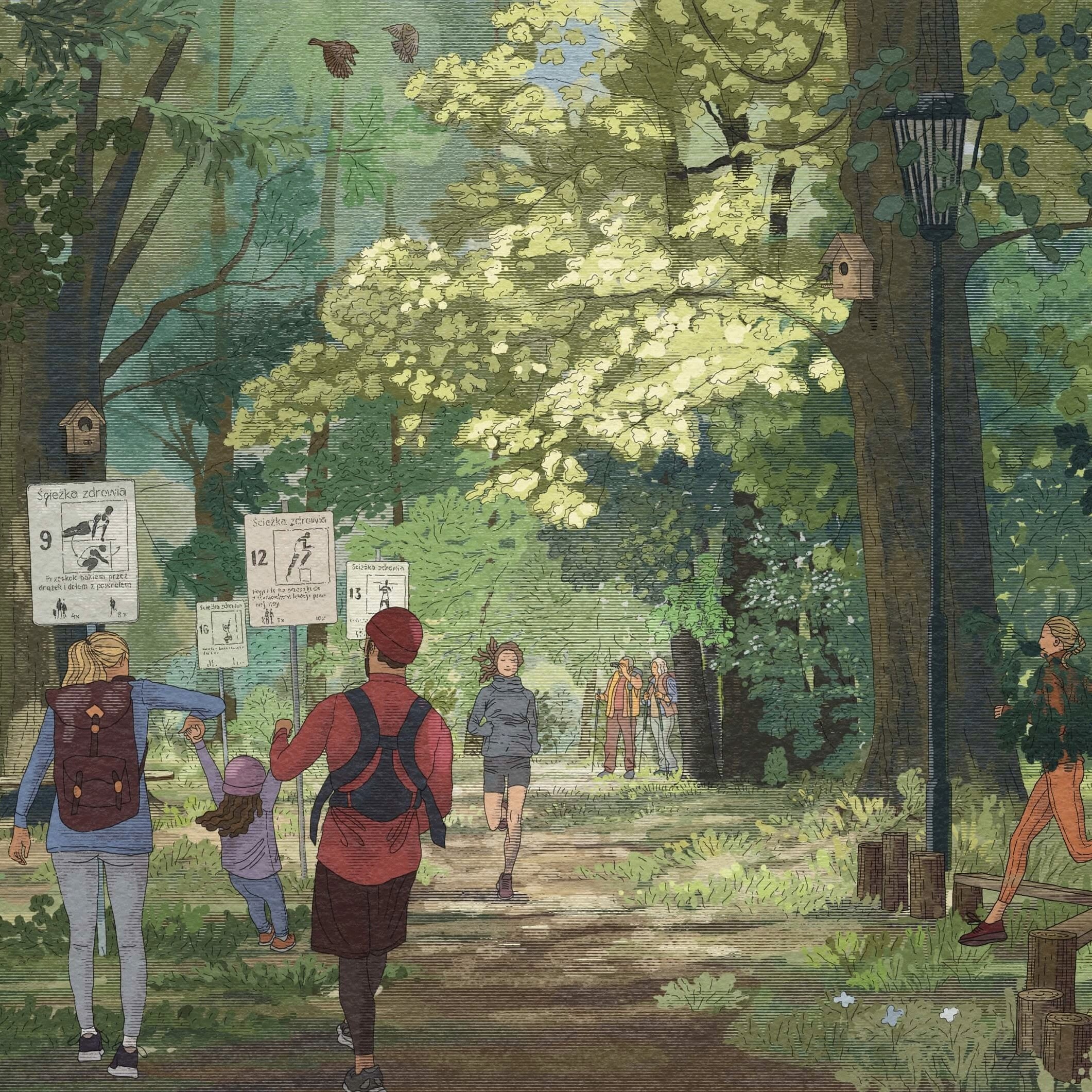A vibrant forest scene with people walking on a path, surrounded by trees and signs along the trail.