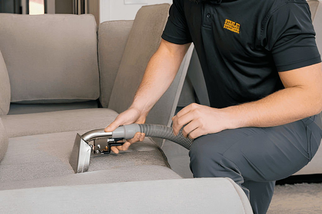 Stanley Steemer technician professionally cleaning a gray upholstered sofa with extraction equipment.
