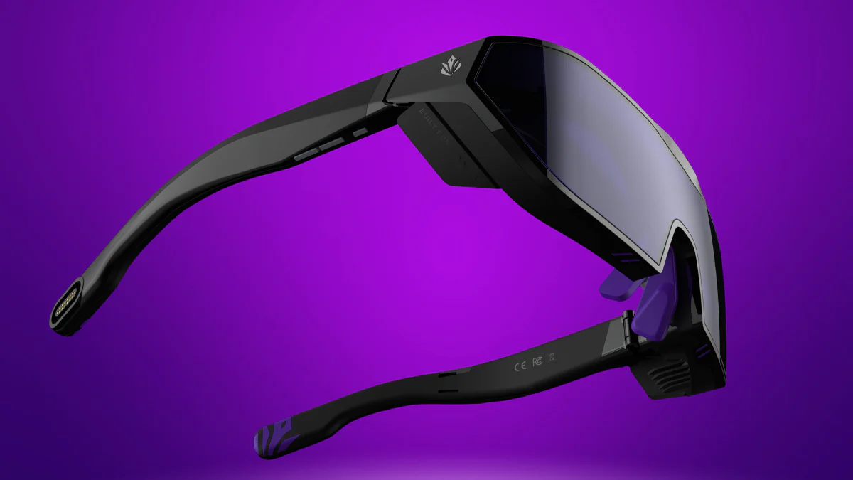 A sleek pair of futuristic black VR glasses with angular design and tinted lenses, set against a vibrant purple background.