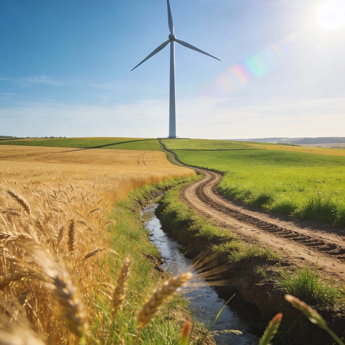 Wind turbine above wheat fields with a stream running through