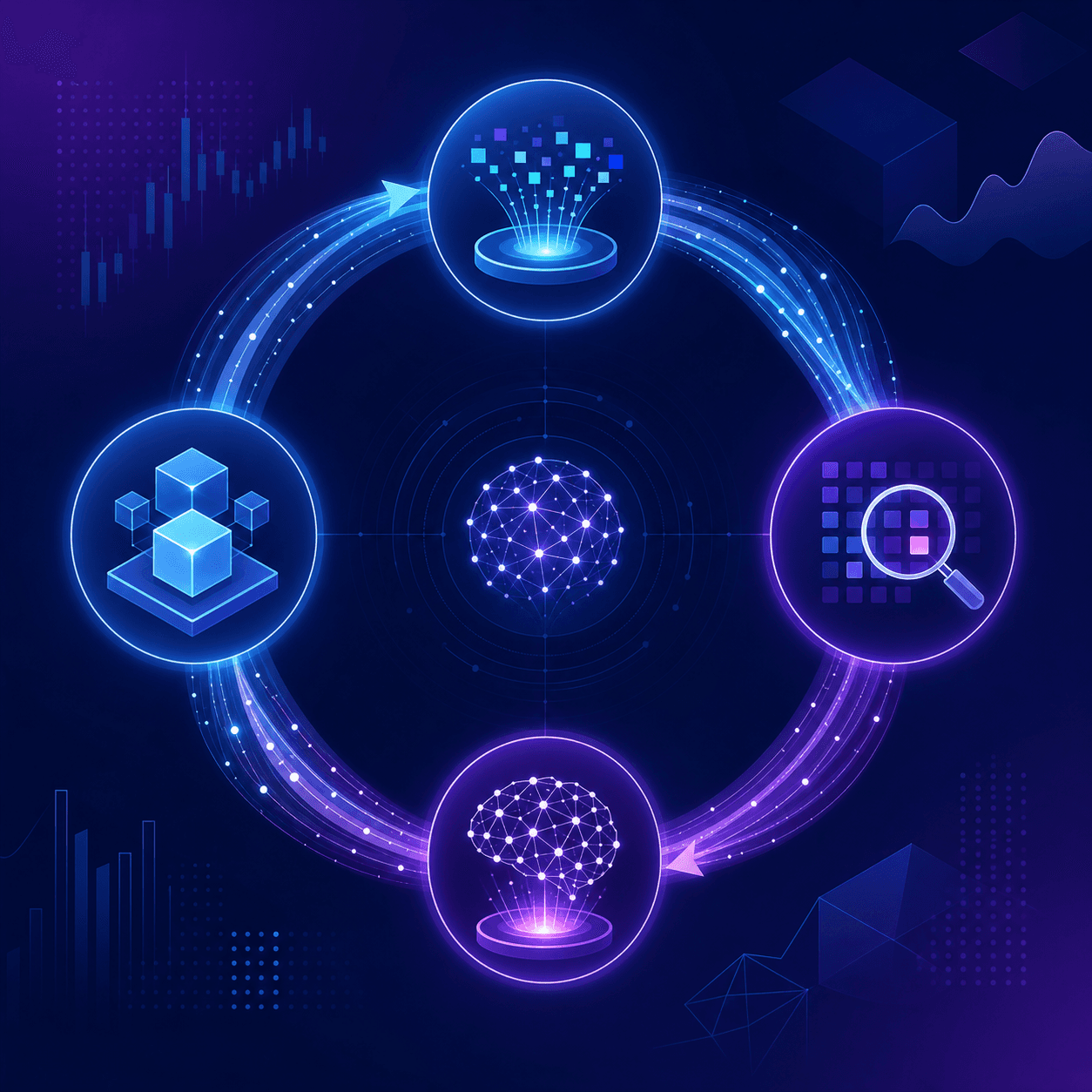 A modern abstract illustration of an autonomous AI learning cycle. A circular pipeline with glowing nodes representing data ingestion, gap detection, knowledge generation, and deployment stages. Flowing data streams connect each stage in a continuous loop. Enterprise fintech aesthetic with deep blue and purple gradient background, clean geometric shapes, no text or labels, flat design style with soft luminous highlights.