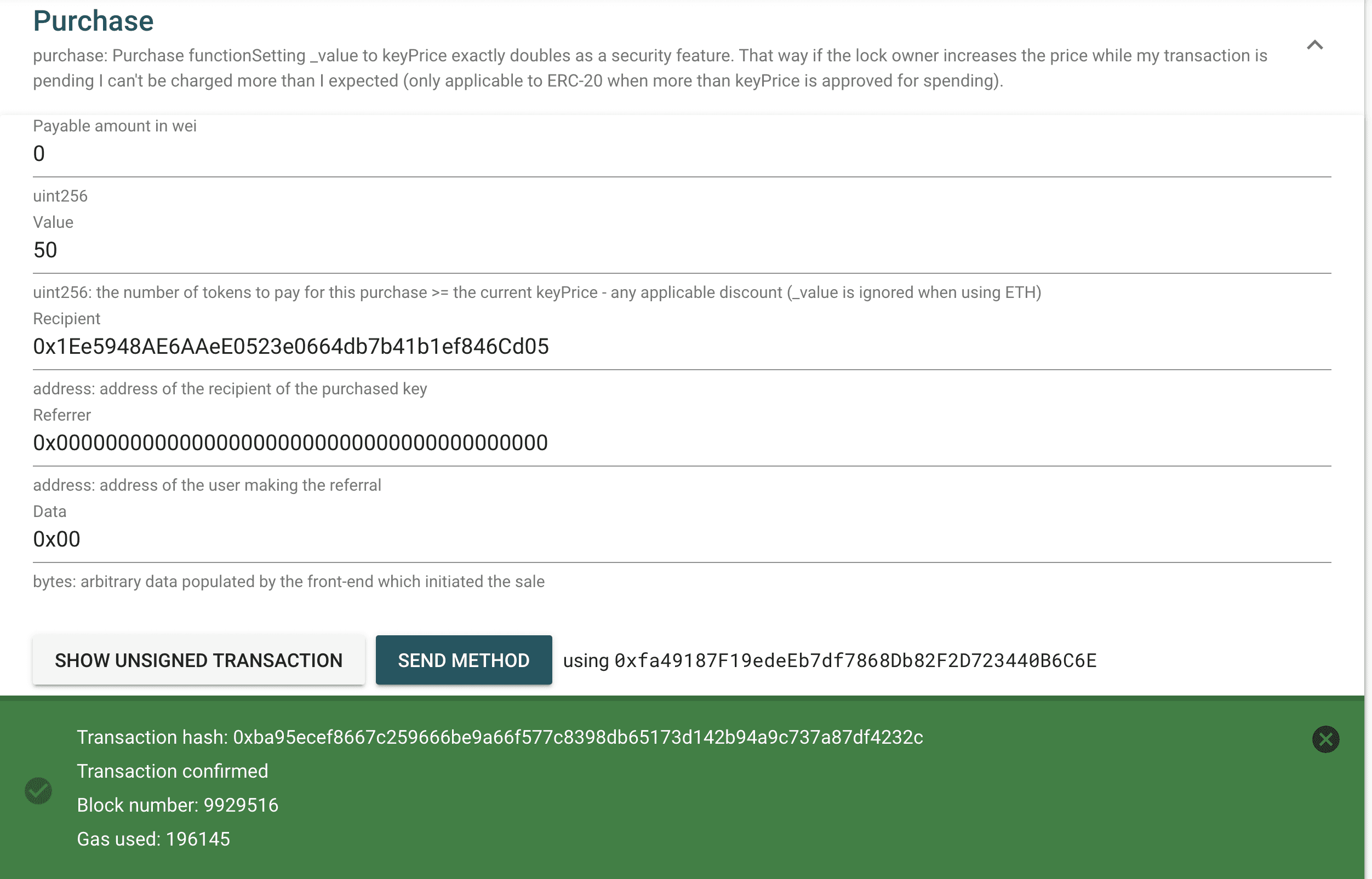 Calling purchase() on the PublicLock smart contract in MultiBaas
