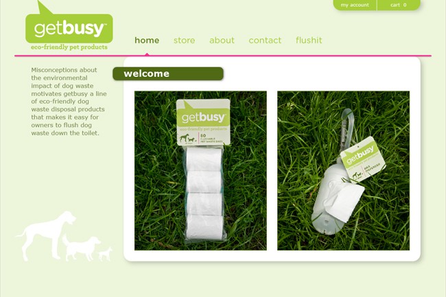 A webpage displays two images of Getbusy eco-friendly pet waste bags on grass. The left image shows two packages of dog waste bags on a green background, accompanied by a white dog silhouette. The right image shows a single bag lying on grass, with a “getbusy” tag attached. The webpage includes text titled “misconceptions about the environmental impact of dog waste motivates getbusy a line of eco-friendly dog waste disposal products that makes it easy for owners to flush dog waste down the toilet.”