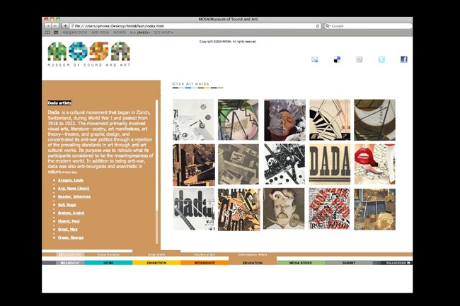 A screenshot of a computer screen displaying the Museum of Sound and Art website. The website features a beige background with a navigation bar including tabs like "Home," "Exhibition," "Workshop," "Education," "Muse Store," and "Submit." A grid of thumbnail images is centered on the page, showcasing various artworks and exhibitions. The text “Click Art works” appears above the grid. The website’s URL is visible in the address bar.