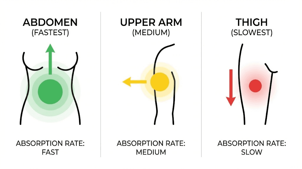 Comparison of retatrutide injection site absorption rates for abdomen thigh and upper arm