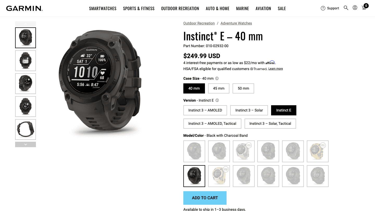 Garmin Instinct E product page on garmin.com showing the rugged GPS smartwatch at $249.99