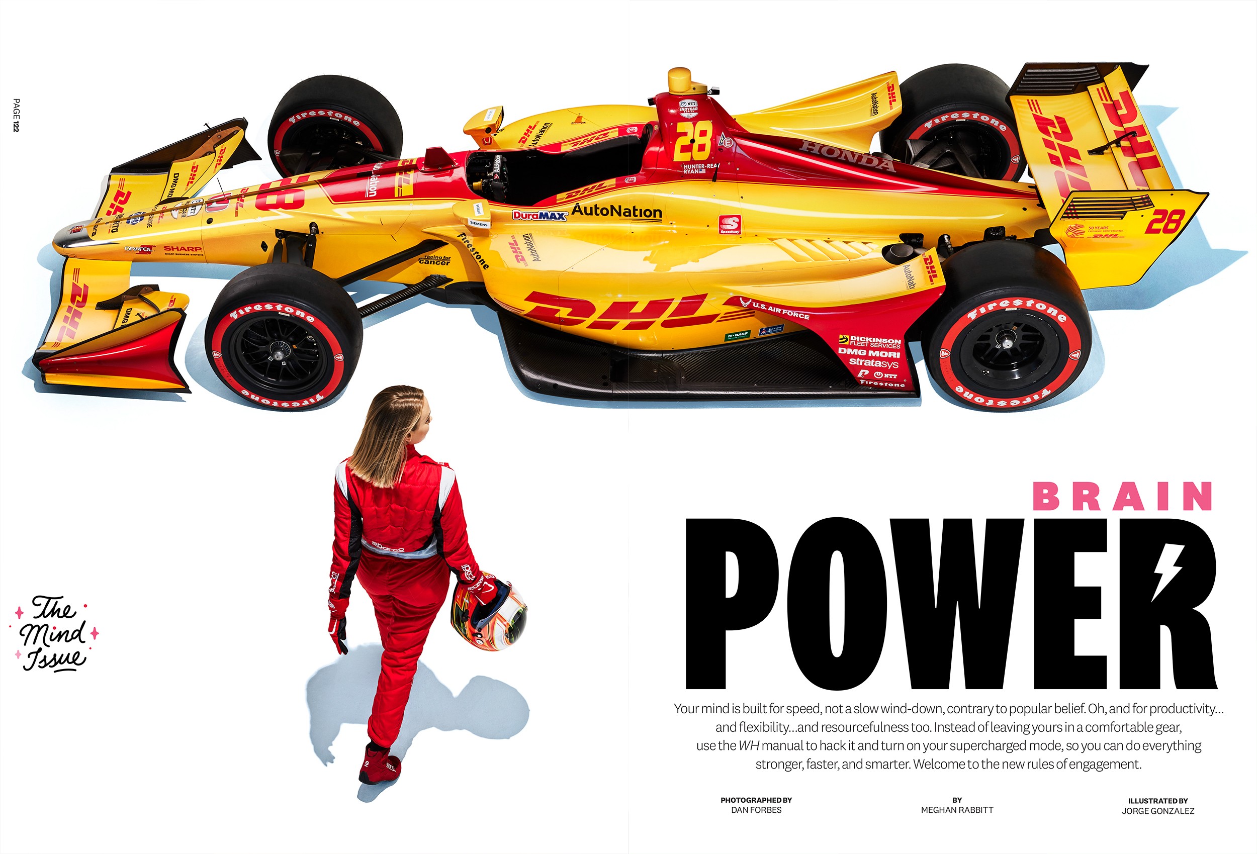 A spread layout of a high angle shot of a female in red driver uniform holding a helmet walking towards a yellow INDY racecar. Shot on a high contrast white environment