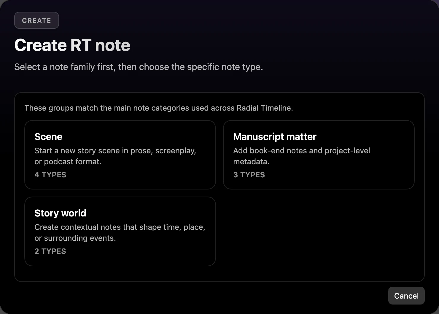 Create Note panel