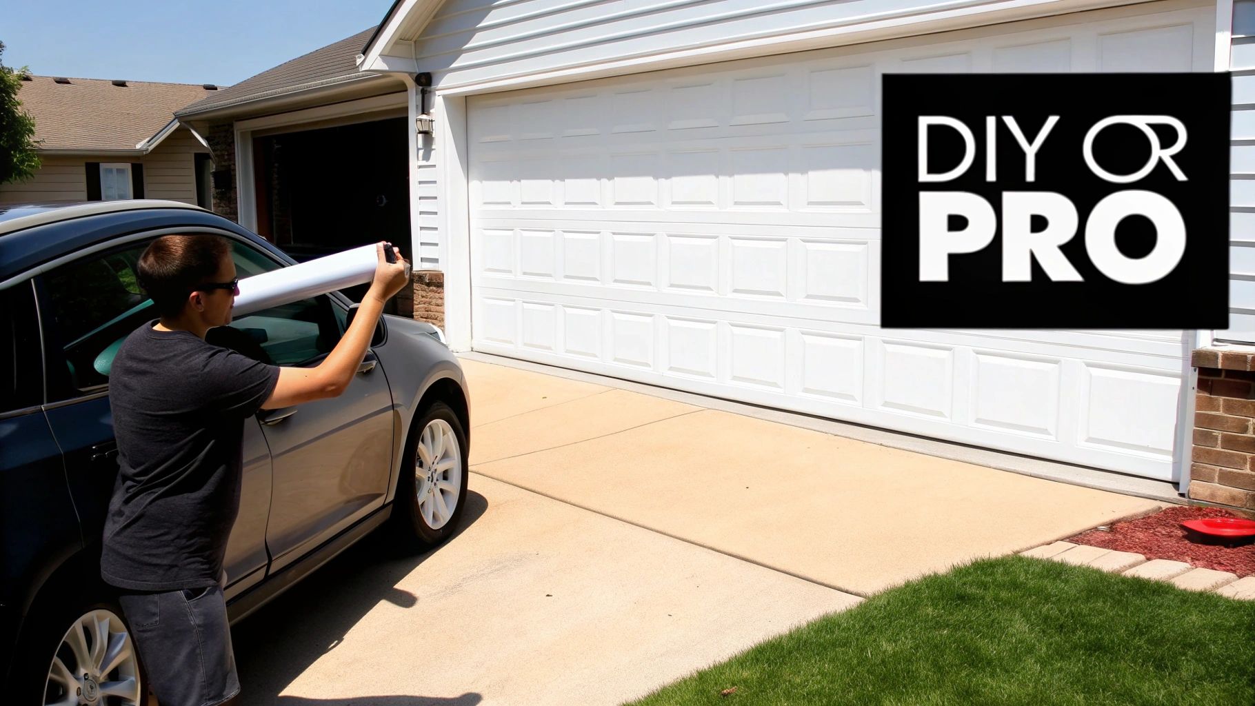 A person holds a roll of window tint film to a car window, preparing for a DIY installation.