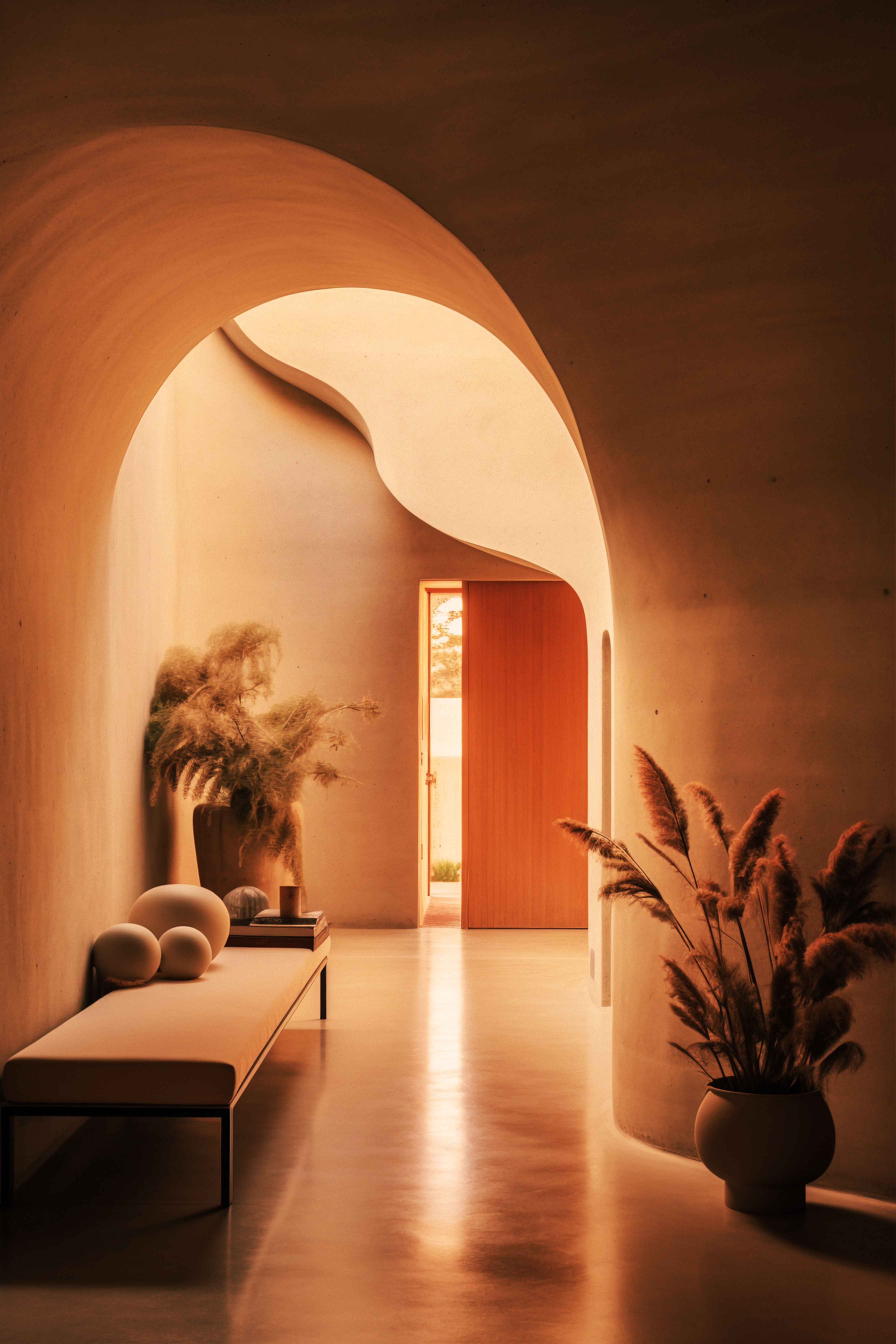Minimalist entryway with curved walls, pampas grass, and a neutral bench under soft natural light.