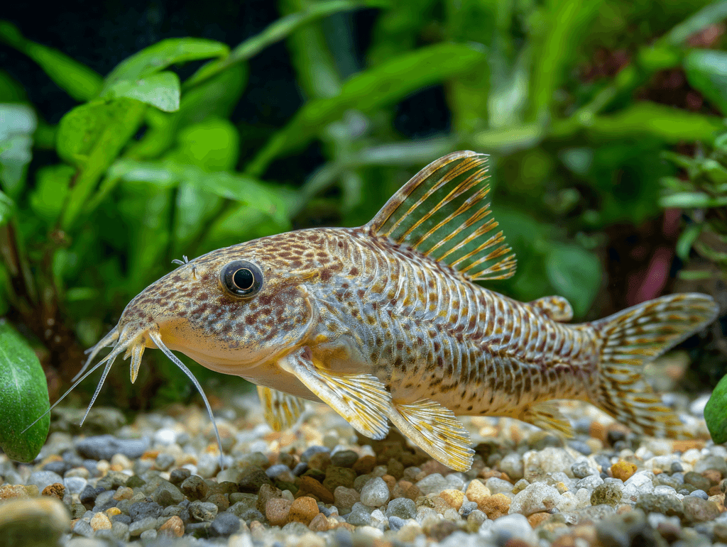A Cory Catfish on the bottom of a fish tank