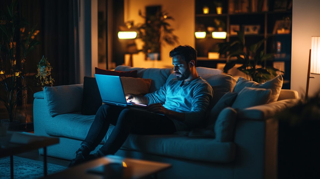 An entrepreneur sits on a cozy sofa in a stylish living room, focused on their laptop late at night. The dim lighting creates a relaxed atmosphere, highlighting the importance of managing technology use and sleep hygiene for working professionals aiming for peak performance.