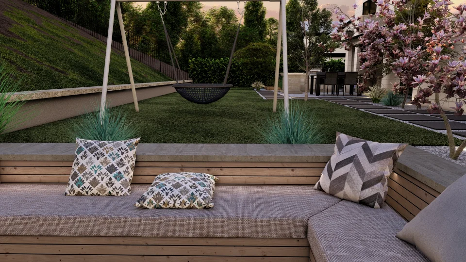 Bench seating with cushions and decorative pillows surrounding the firepit.