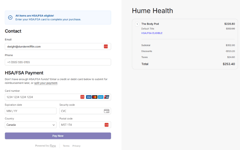 Enter HSA/FSA card details in Hume checkout through Flex