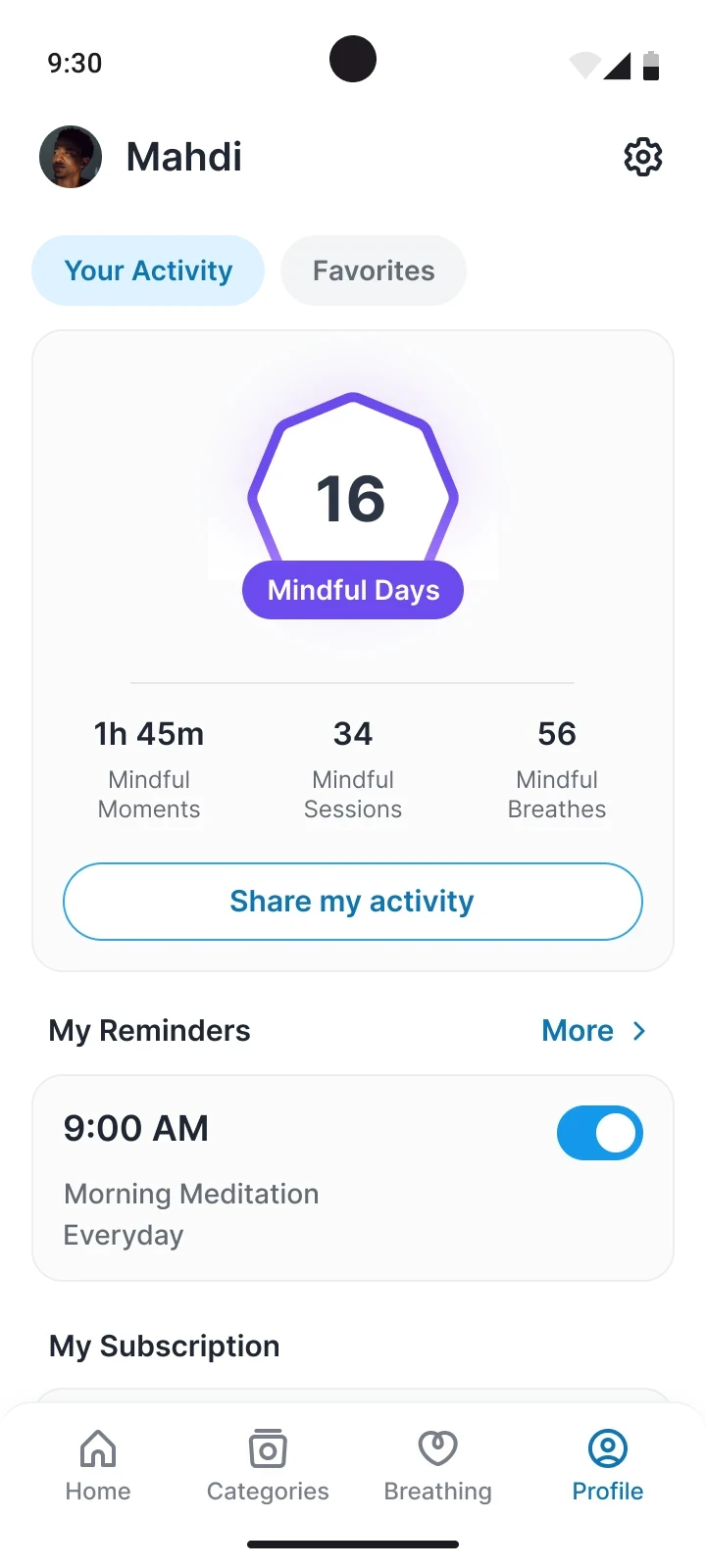 Profile screen with 16 mindful days, activity stats and reminders