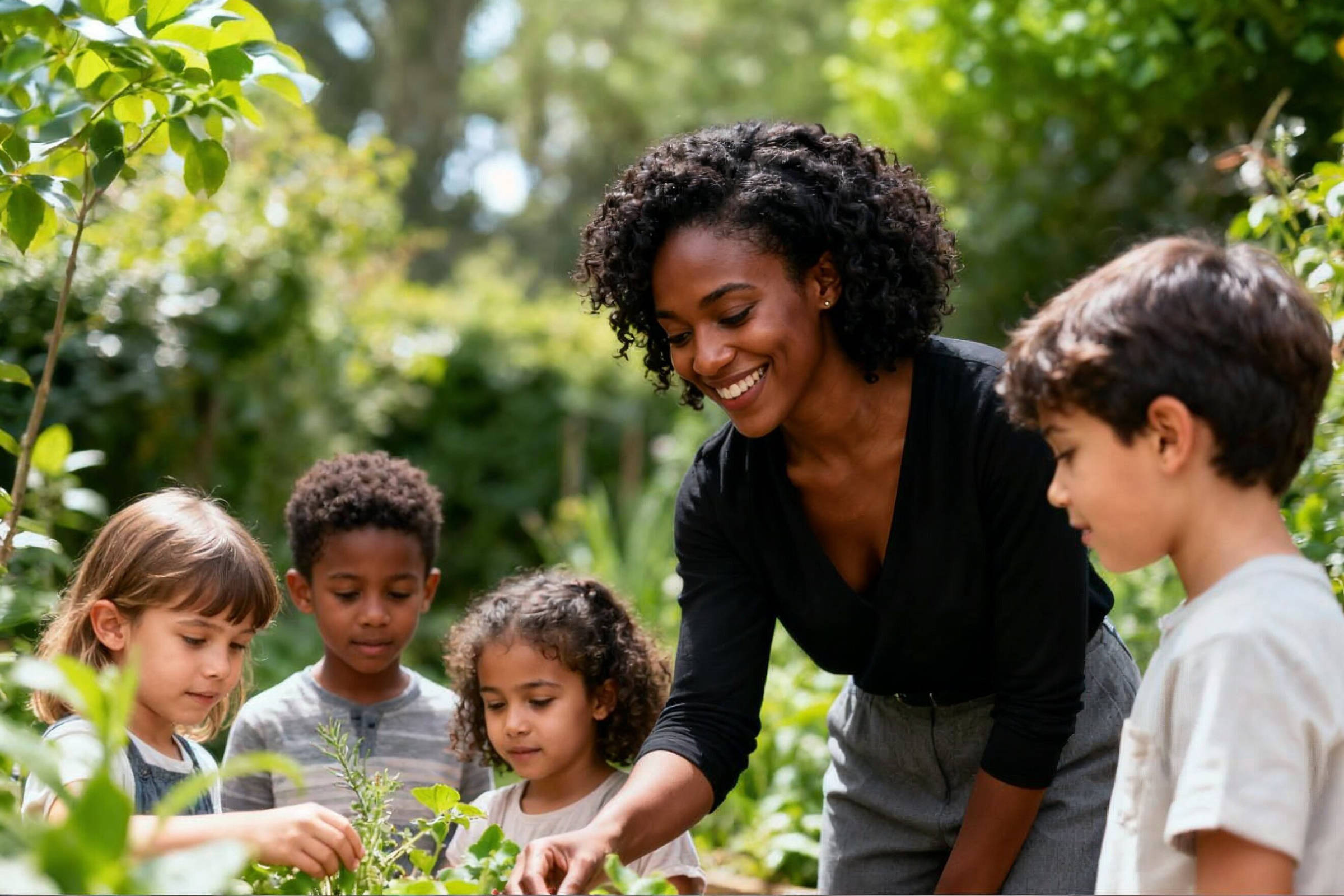Woman and group of children exploring plants in nature