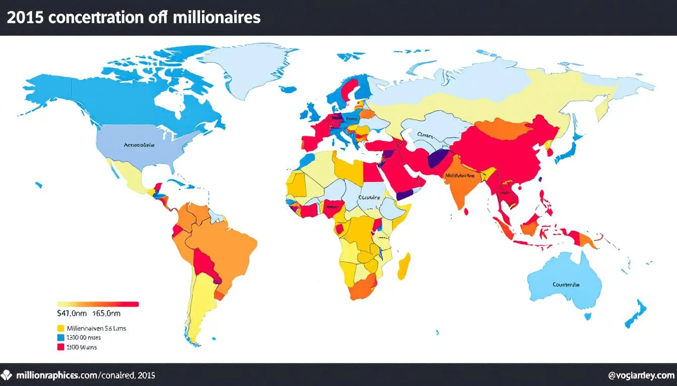 A world map highlighting the distribution of millionaires across different countries.