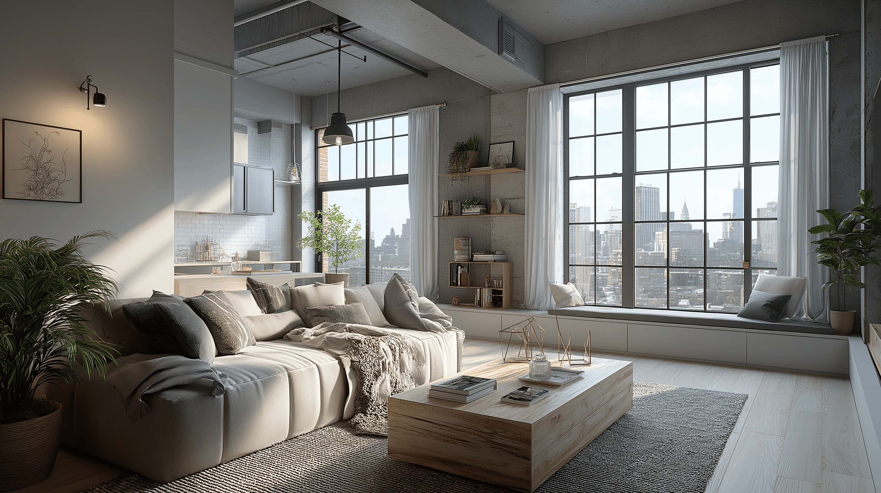 Industrial modern loft living room with exposed concrete ceilings, a plush beige sofa, built-in window seating, and large factory-style windows overlooking the city skyline.