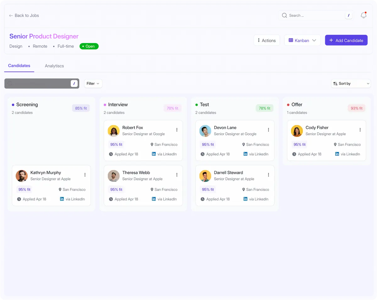 NODES AI hiring platform interface displaying candidate screening results.