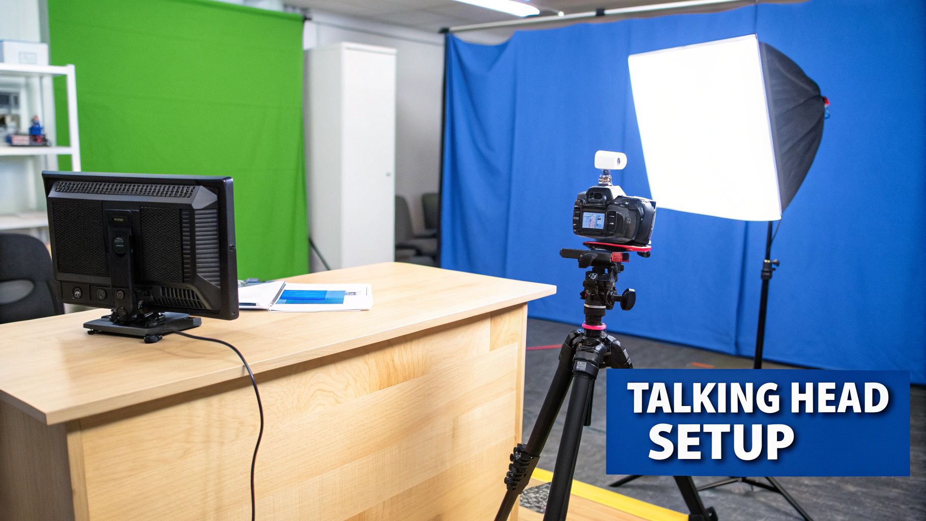 A content creator reviewing their video lighting setup in a home studio