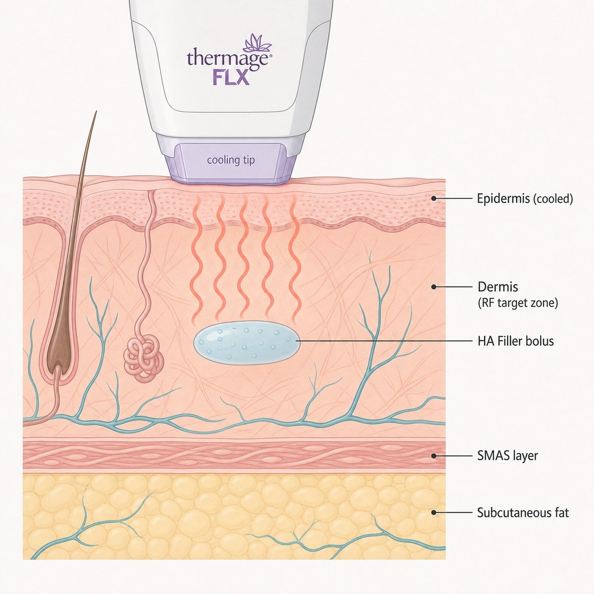Cross-section diagram showing where Thermage FLX heat reaches relative to a filler bolus in the dermis