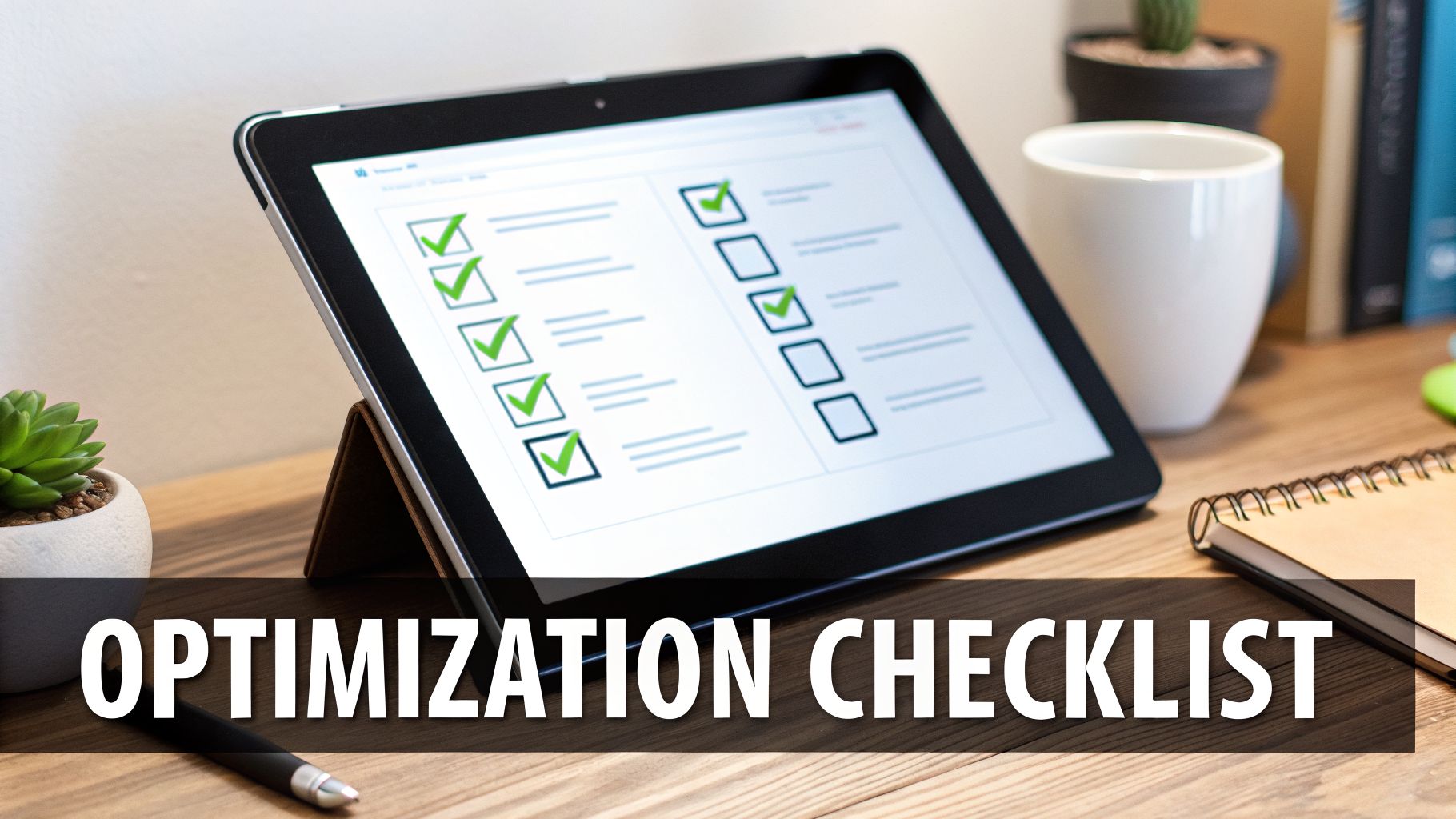 Close-up of a tablet on a wooden desk showing a digital optimization checklist with green checkmarks.