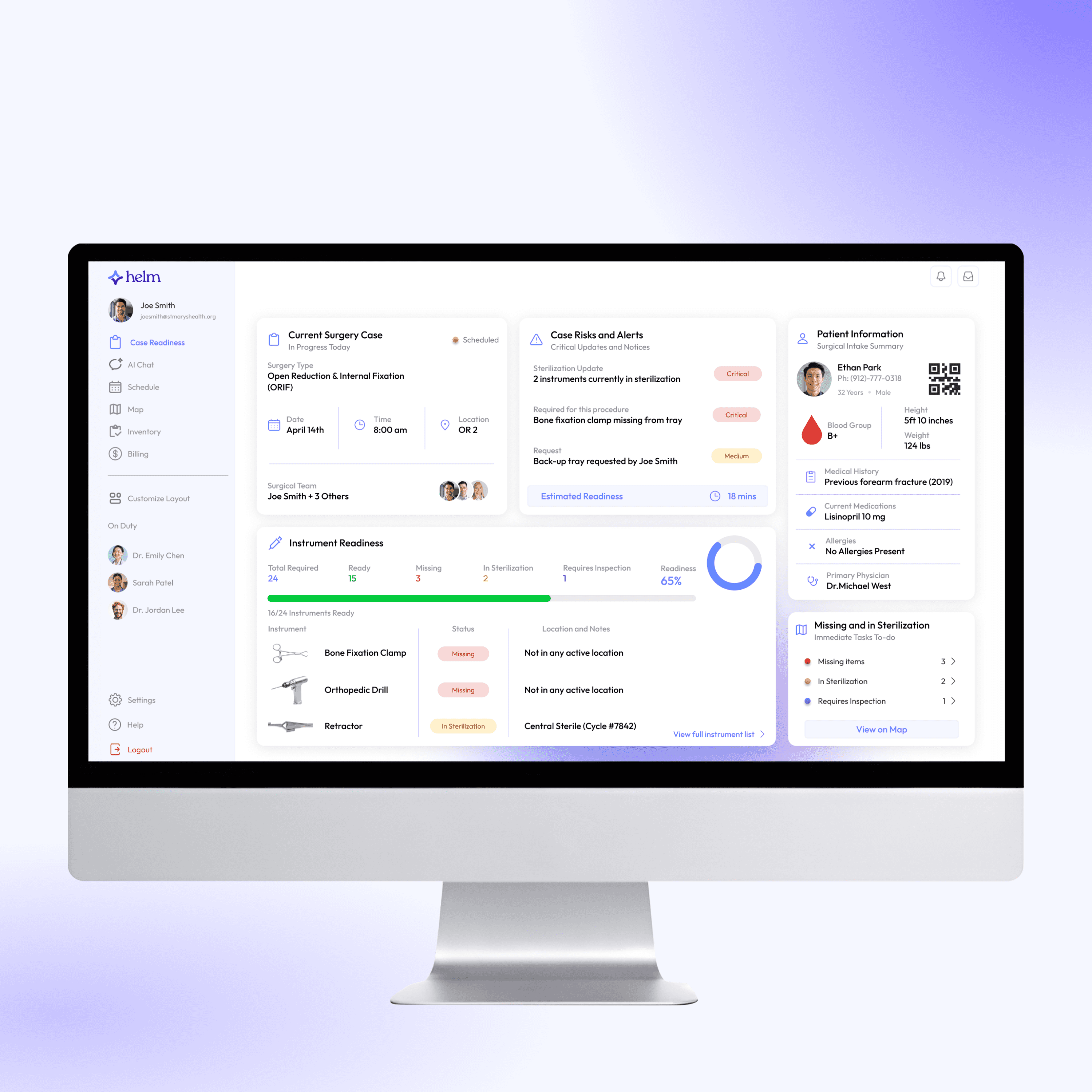Helm dashboard showing real-time tool inventory, a surgical floor map with instrument locations, and an AI panel flagging a missing clamp with next-step guidance.