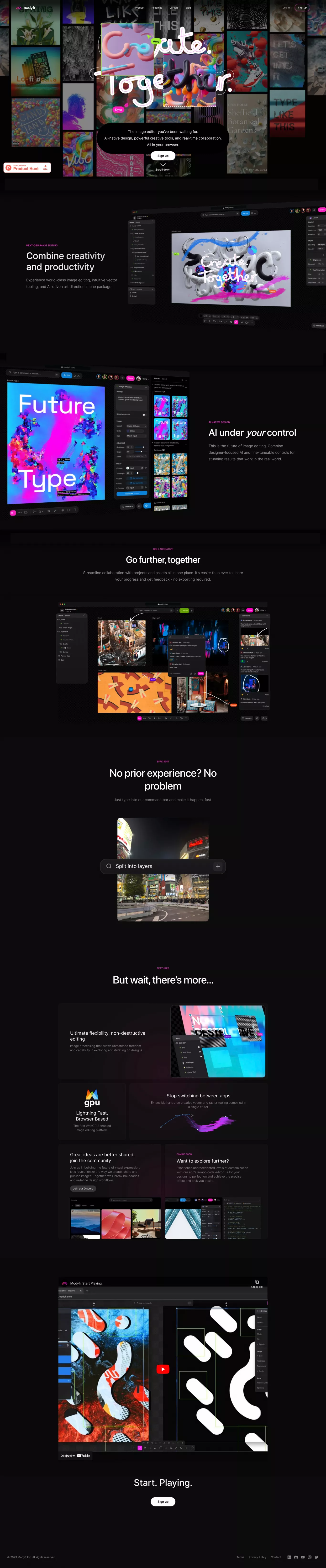 Modyfi - Create. Together. landing page screenshot showcasing Design and Tech design